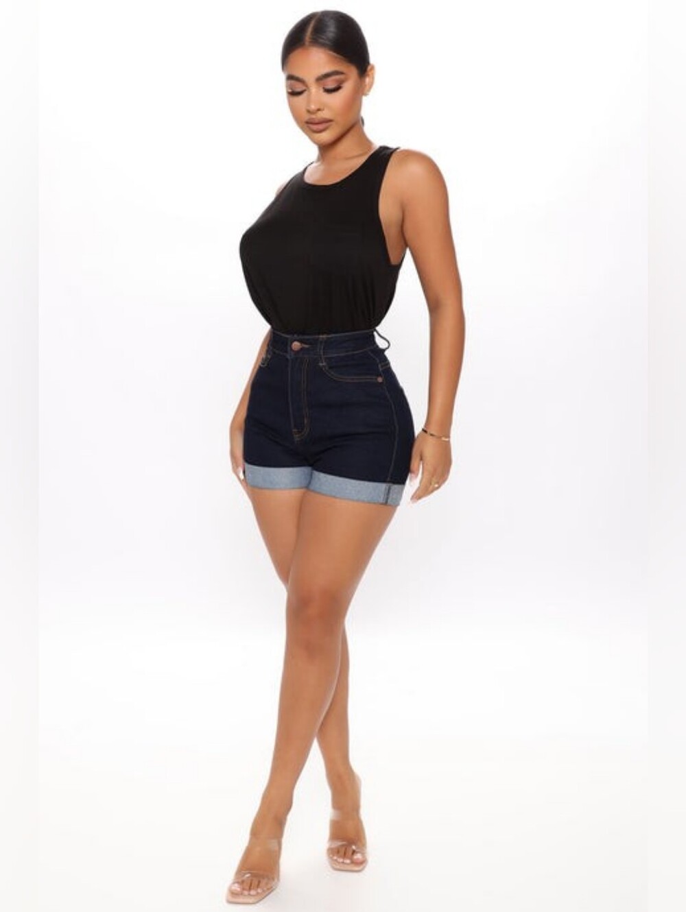 High-Waist Dark Blue Denim Cuffed Women’s Shorts (9) - Picture 2 of 13
